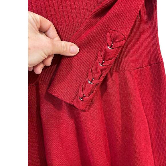 CACHE Wine Red Knit Bodycon Midi Sweater Dress Medium Lacing Vintage 90s Y2K - Picture 4 of 8